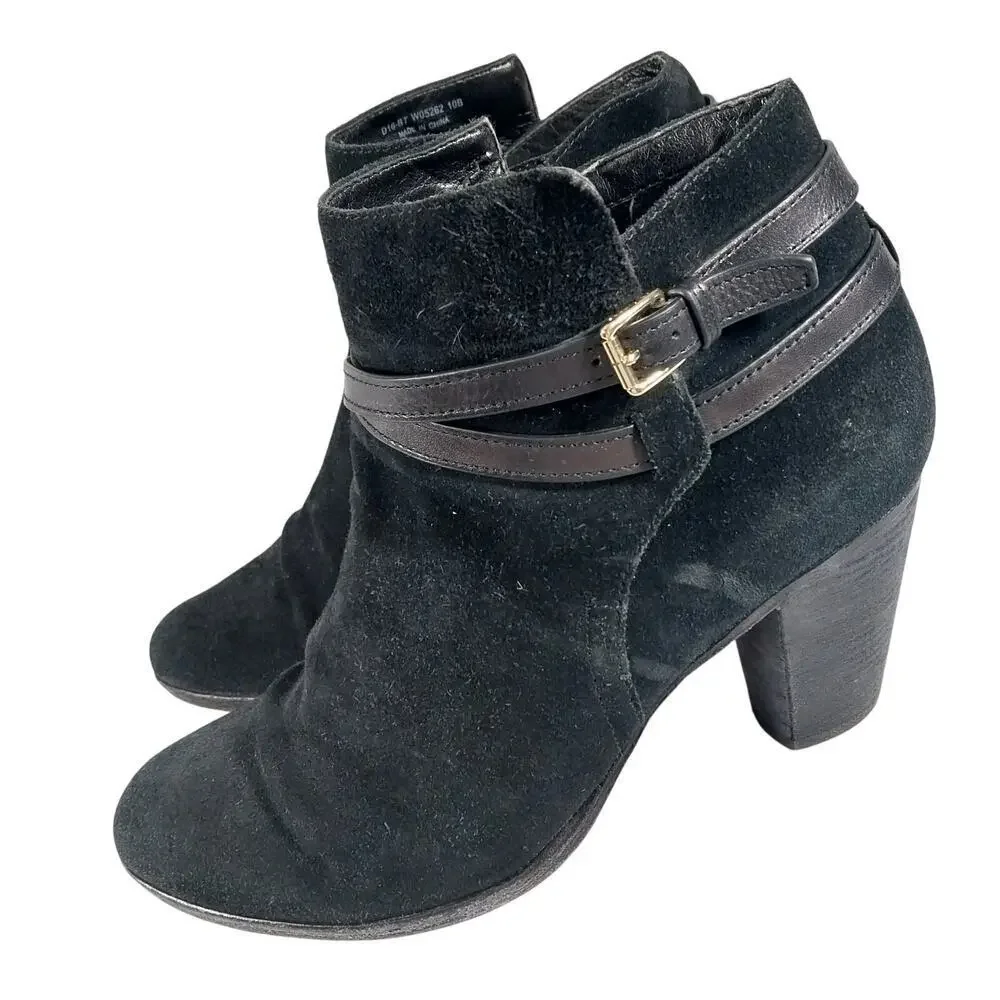 COLE HAAN! BLACK GENUINE SUEDE LEATHER CRISS-CROSS, CHUNKY ANKLE BOOTS! SZ 10B